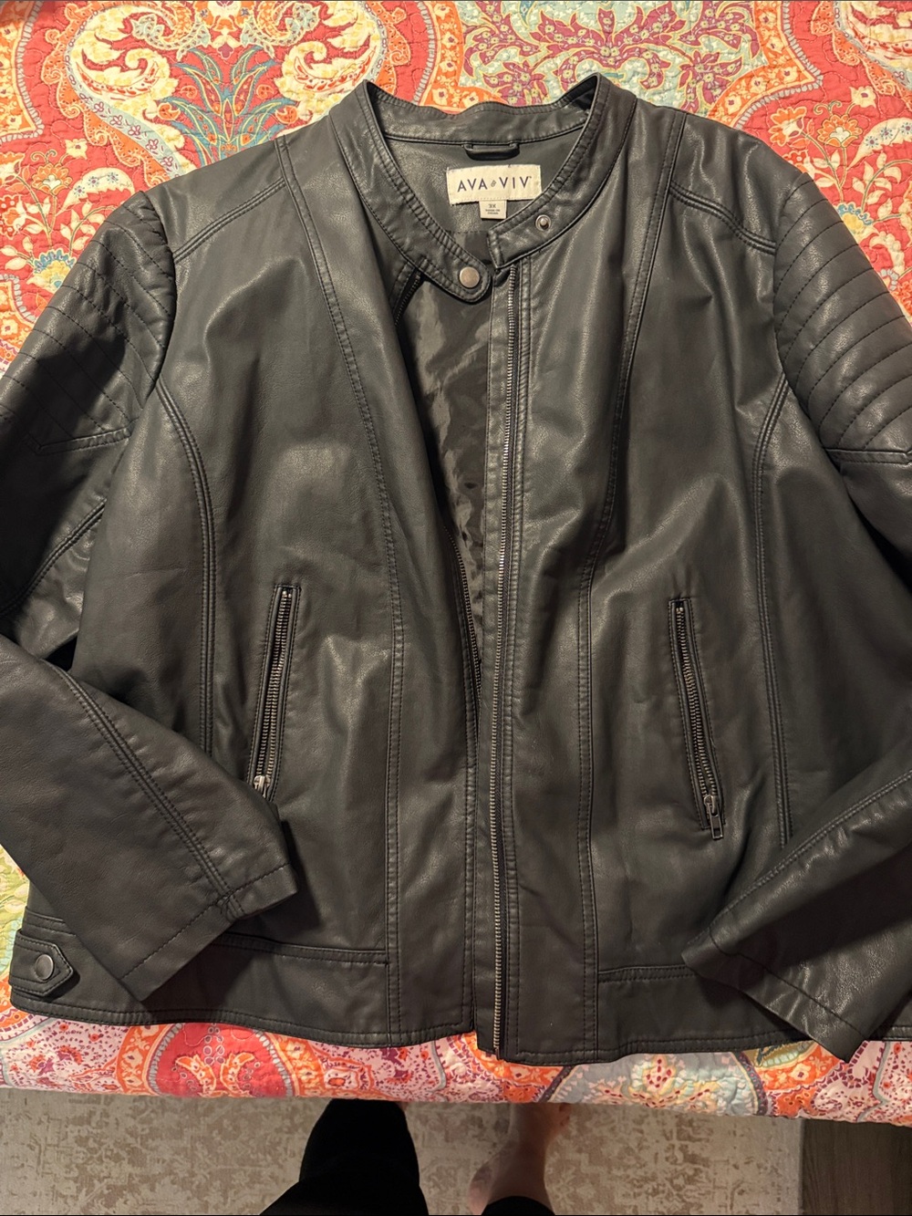 Ava & Viv Black Faux-Leather Moto Jacket with Quilted Shoulders